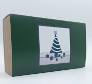 Darilno pakiranje (škatla z omotom v zeleni barvi s prazničnim motivom smrečico).